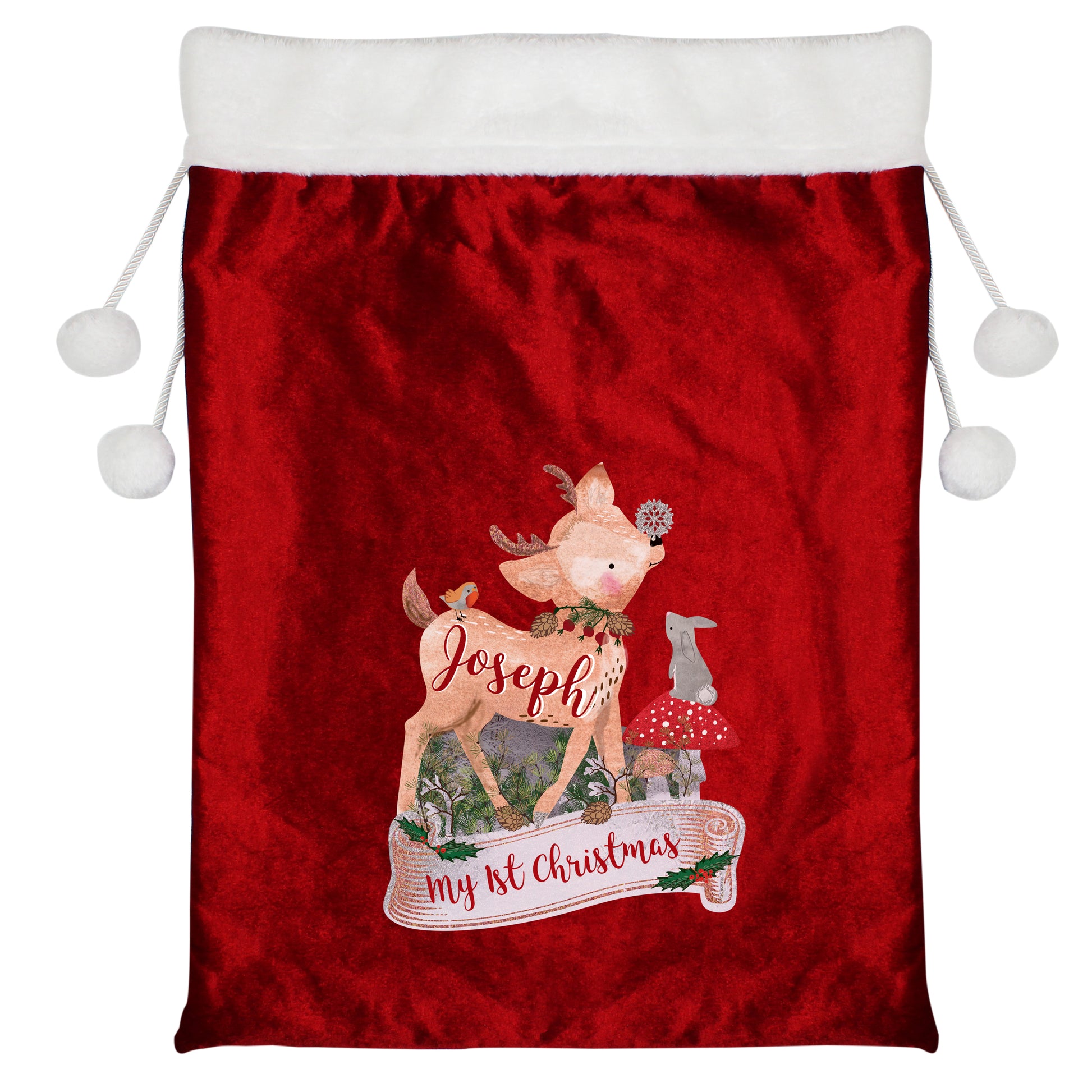 Personalised Festive Fawn Luxury Pom Pom Red Sack - MK&JD Gifts