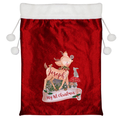 Personalised Festive Fawn Luxury Pom Pom Red Sack - MK&JD Gifts