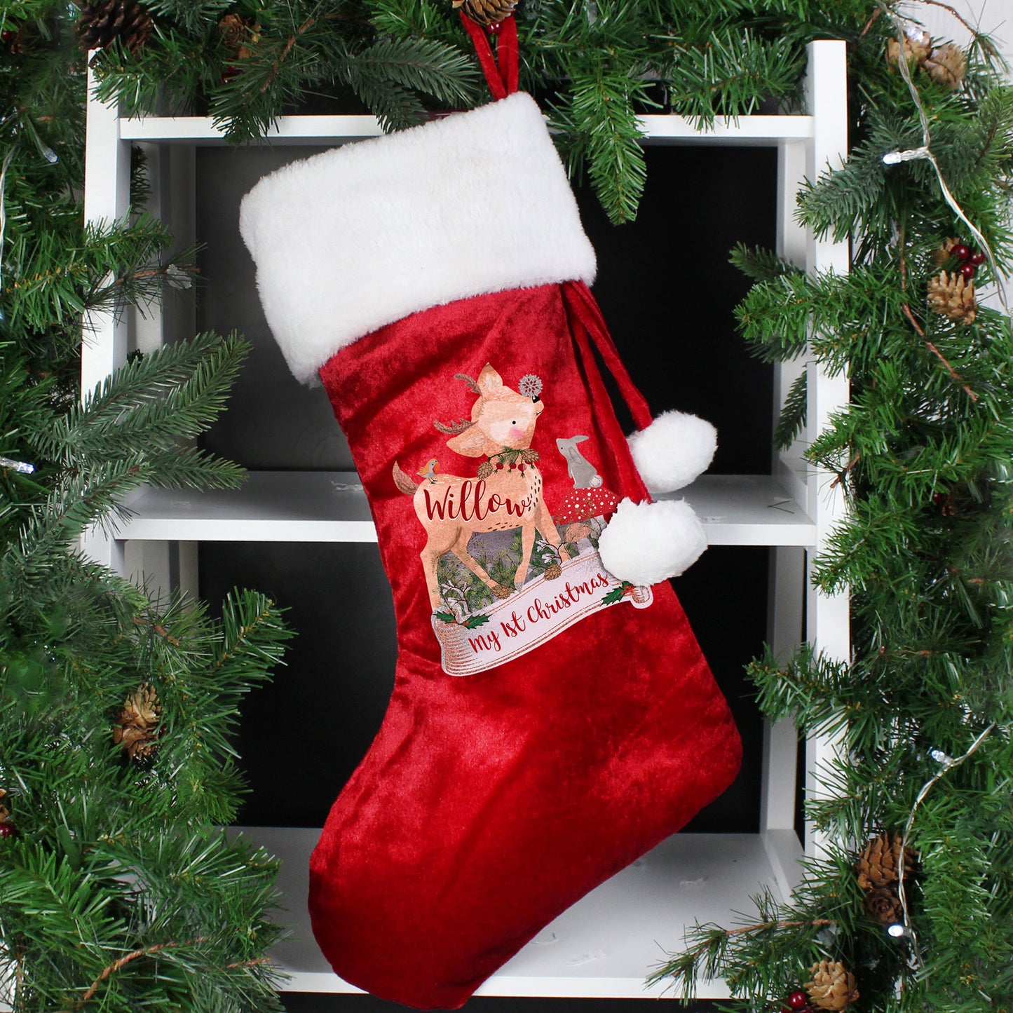 Personalised Festive Fawn Luxury Red Stocking - MK&JD Gifts