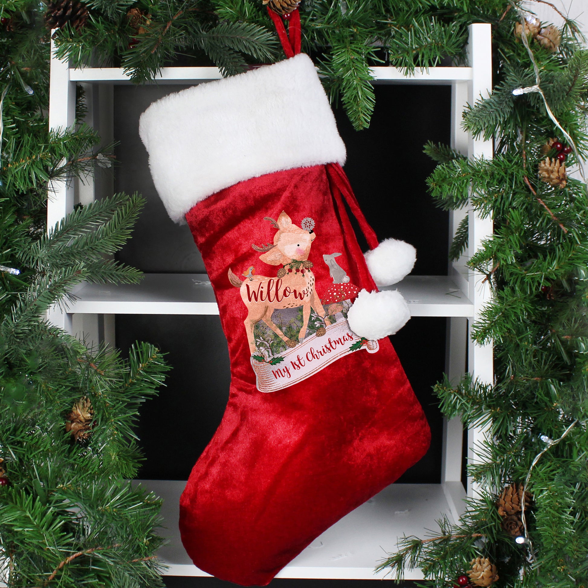 Personalised Festive Fawn Luxury Red Stocking - MK&JD Gifts