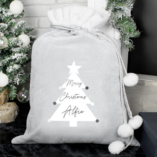 Personalised Christmas Tree Luxury Silver Grey Pom Pom Sack - MK&JD Gifts