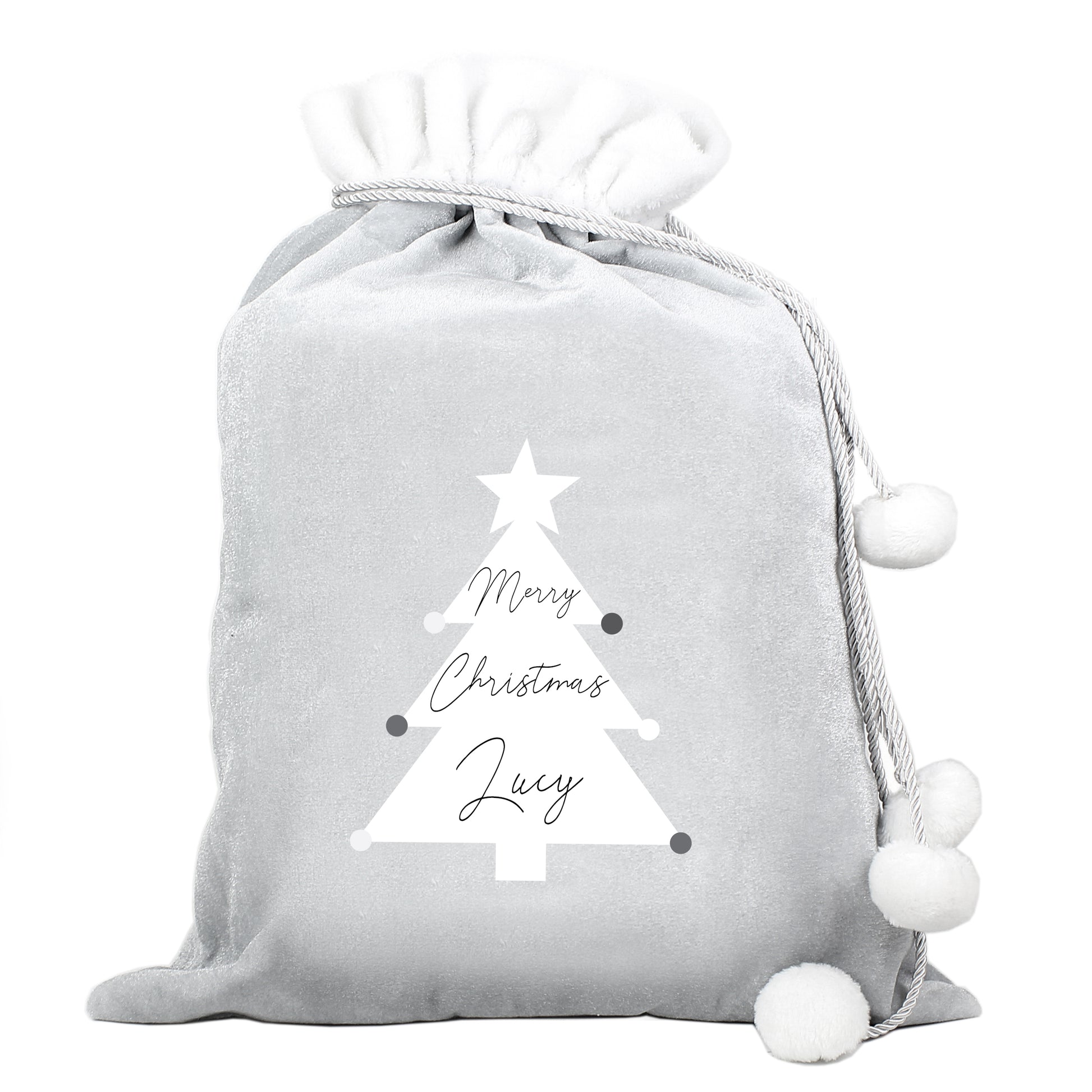 Personalised Christmas Tree Luxury Silver Grey Pom Pom Sack - MK&JD Gifts