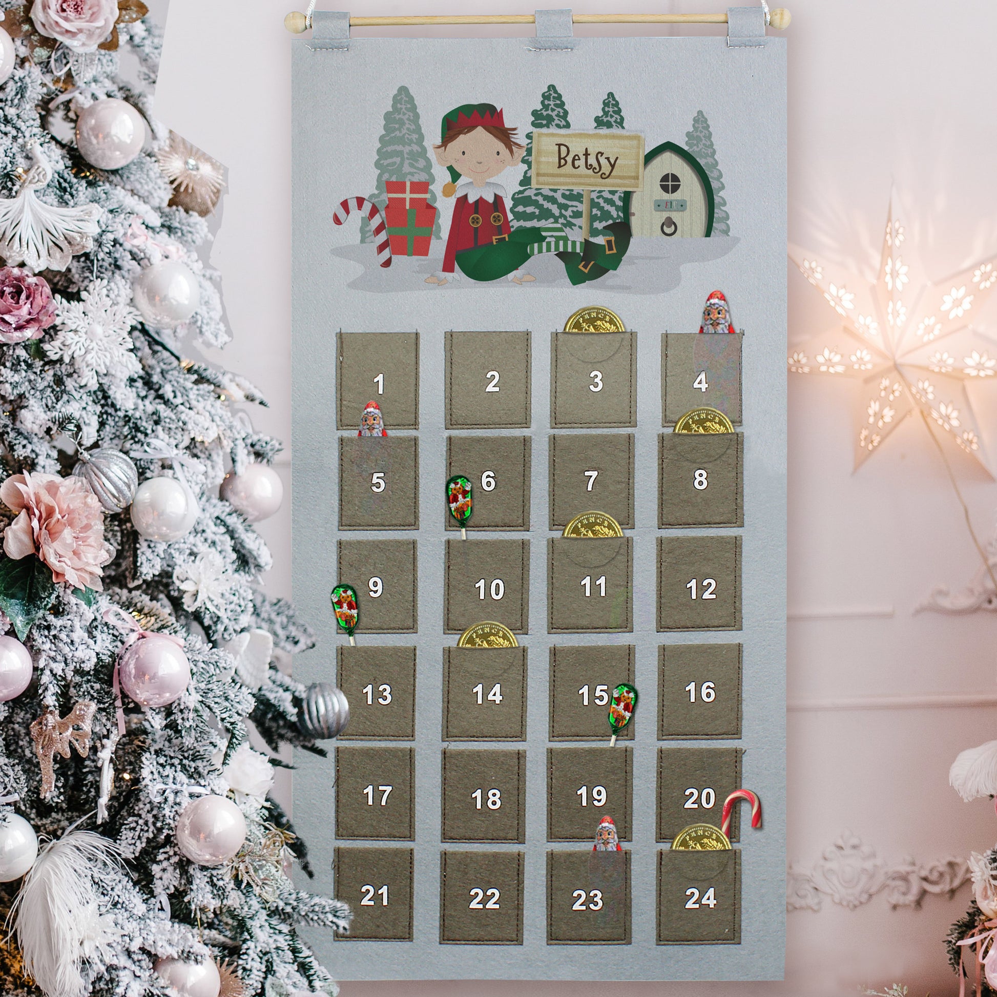 Personalised Elf Advent Calendar In Silver Grey - MK&JD Gifts