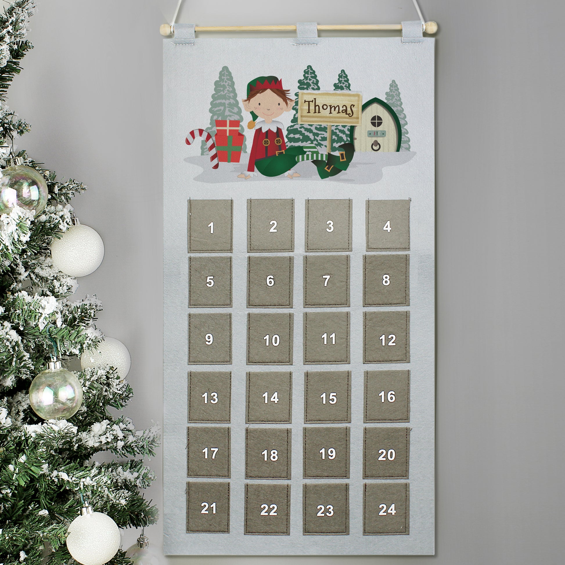 Personalised Elf Advent Calendar In Silver Grey - MK&JD Gifts