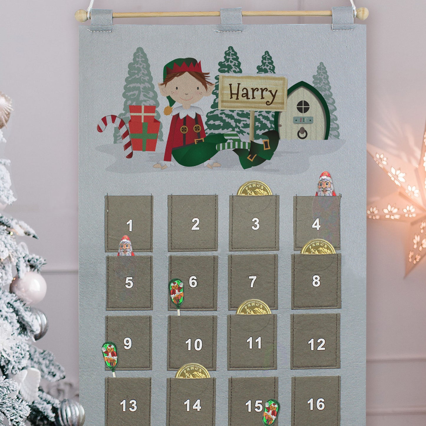 Personalised Elf Advent Calendar In Silver Grey - MK&JD Gifts