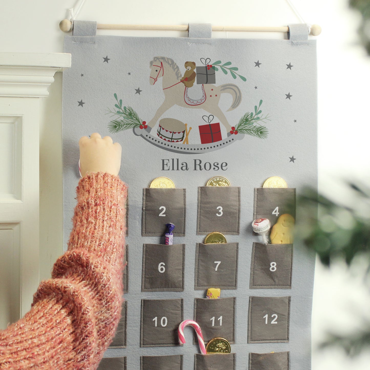 Personalised Rocking Horse Advent Calendar In Silver Grey - MK&JD Gifts