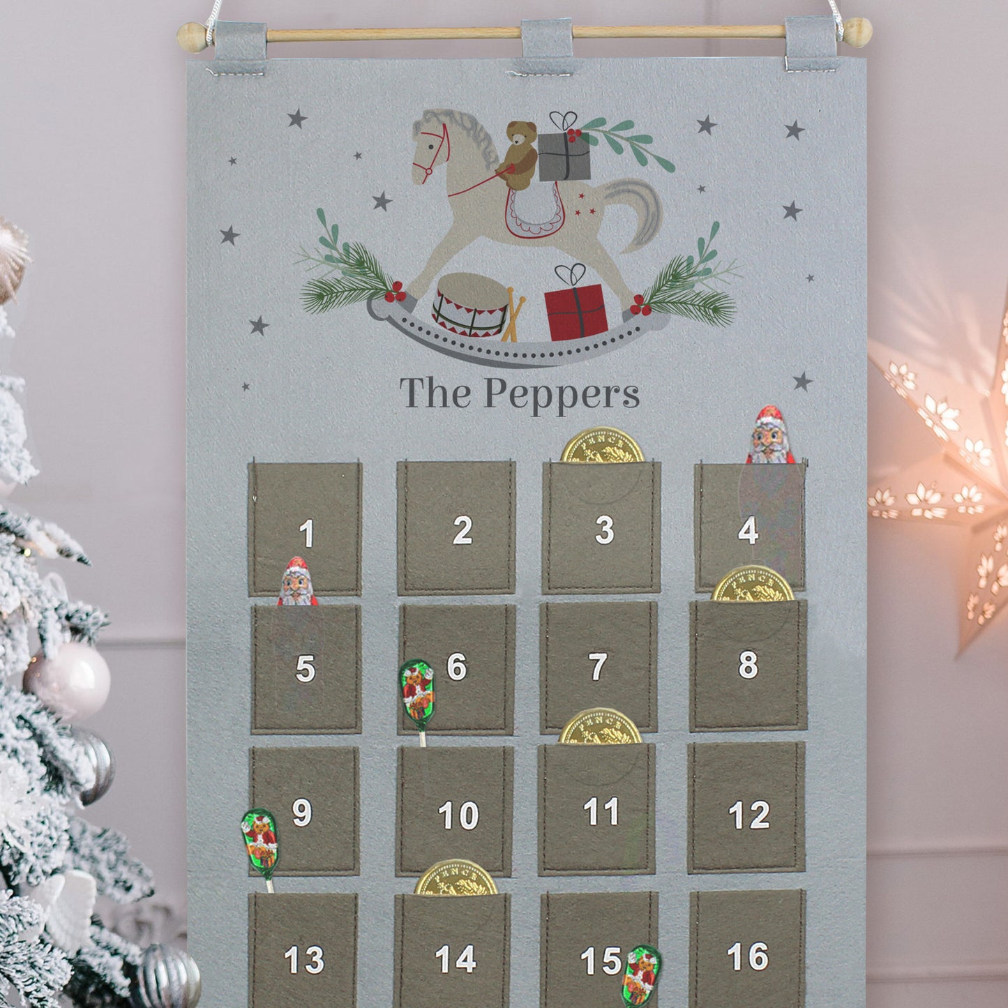 Personalised Rocking Horse Advent Calendar In Silver Grey - MK&JD Gifts