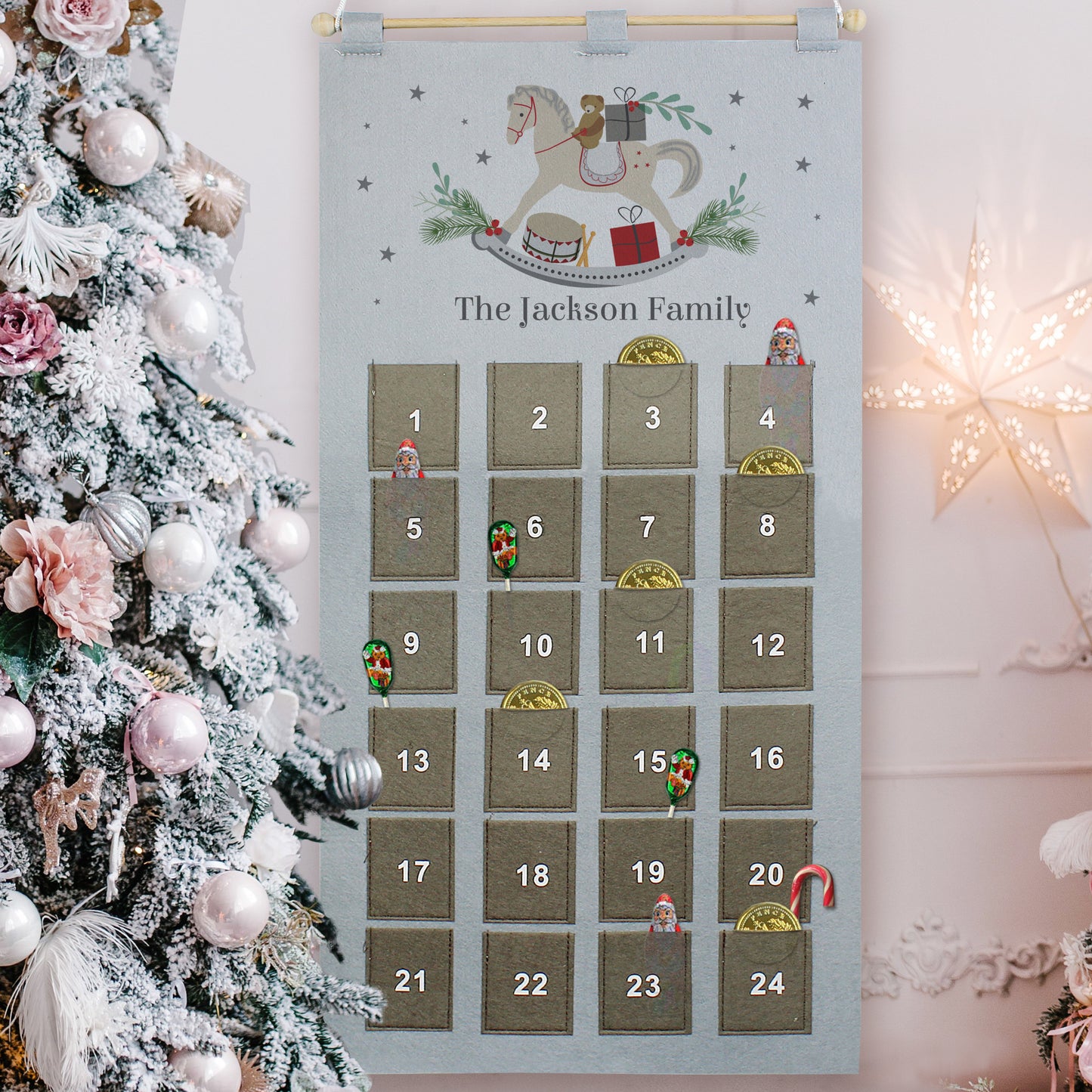 Personalised Rocking Horse Advent Calendar In Silver Grey - MK&JD Gifts