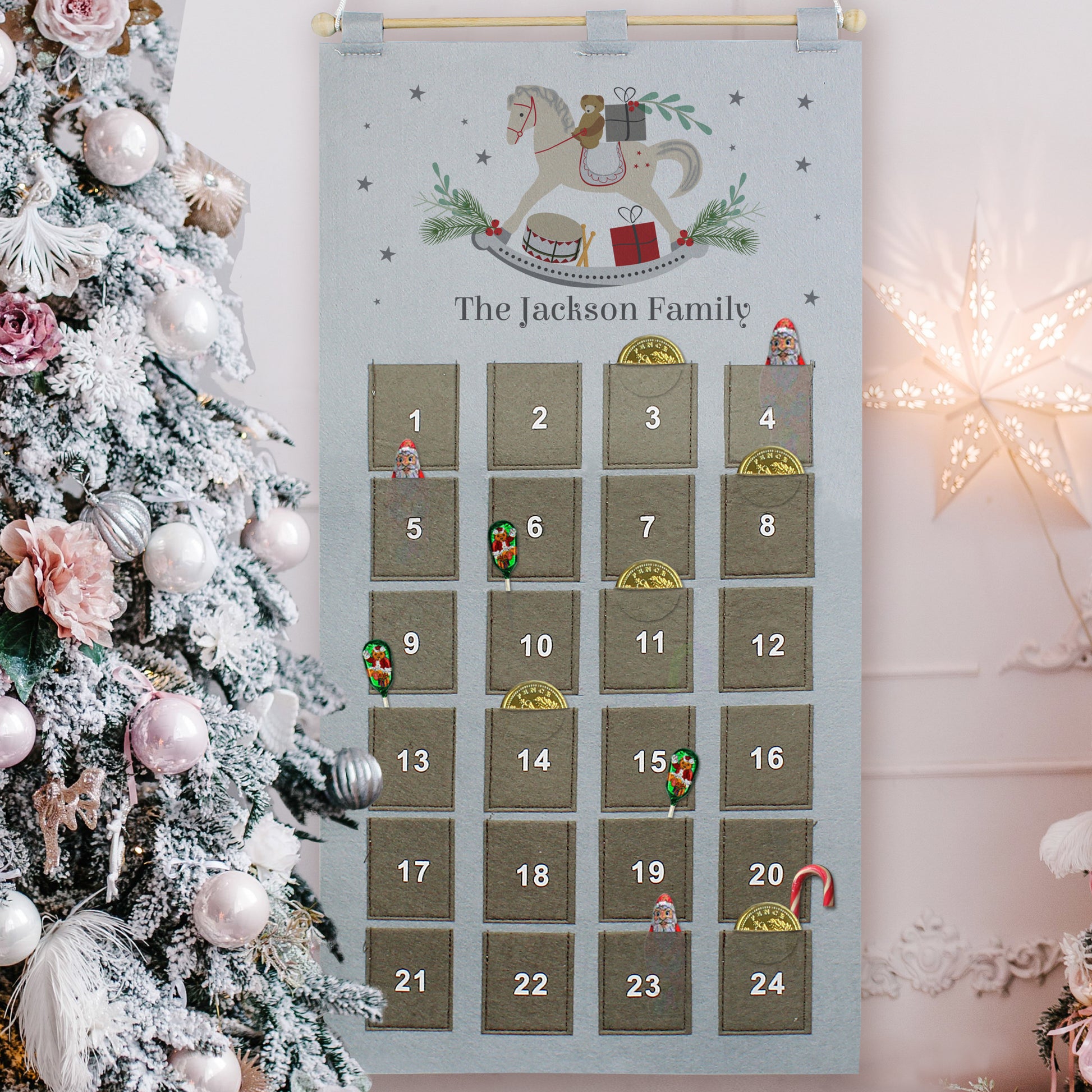 Personalised Rocking Horse Advent Calendar In Silver Grey - MK&JD Gifts