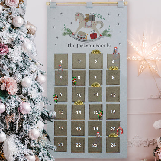 Personalised Rocking Horse Advent Calendar In Silver Grey - MK&JD Gifts