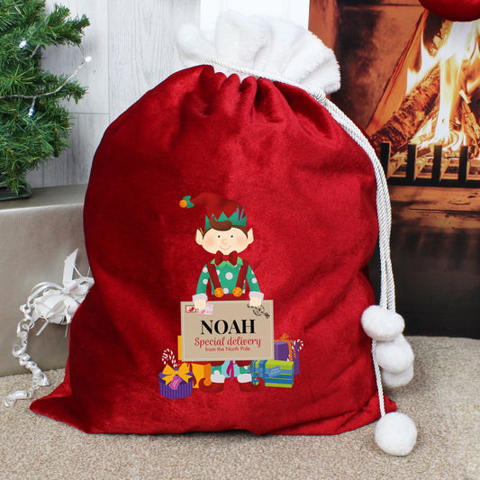Personalised Christmas Elf Luxury Pom Pom Red Sack - MK&JD Gifts