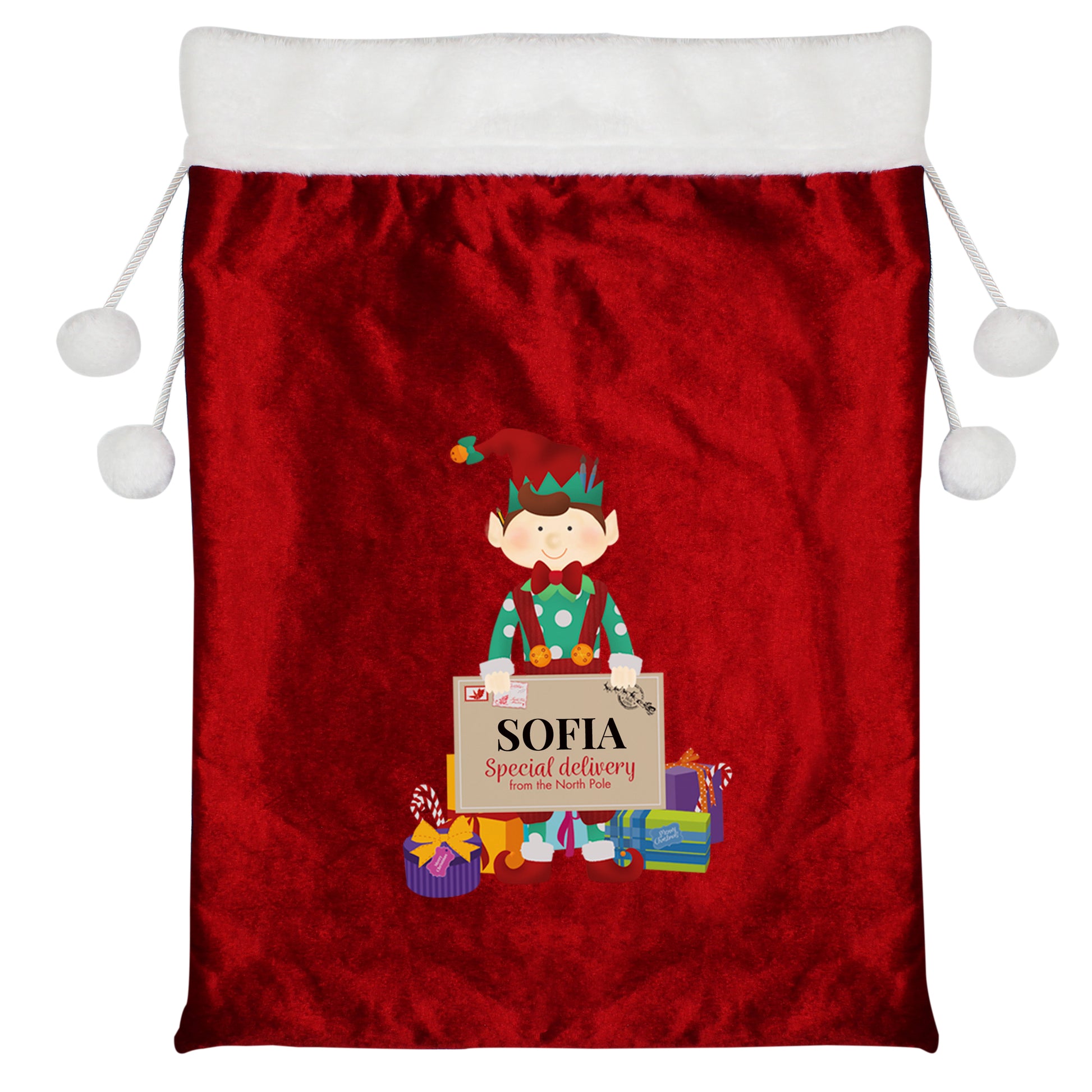 Personalised Christmas Elf Luxury Pom Pom Red Sack - MK&JD Gifts