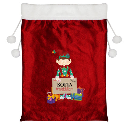 Personalised Christmas Elf Luxury Pom Pom Red Sack - MK&JD Gifts