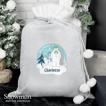 Personalised The Snowman and the Snowdog Luxury Silver Grey Pom Pom Sack - MK&JD Gifts