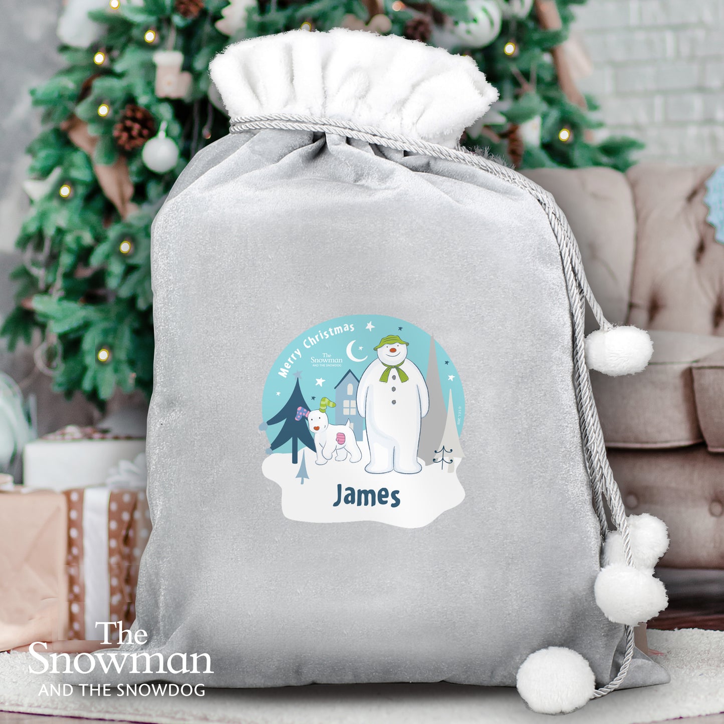 Personalised The Snowman and the Snowdog Luxury Silver Grey Pom Pom Sack - MK&JD Gifts