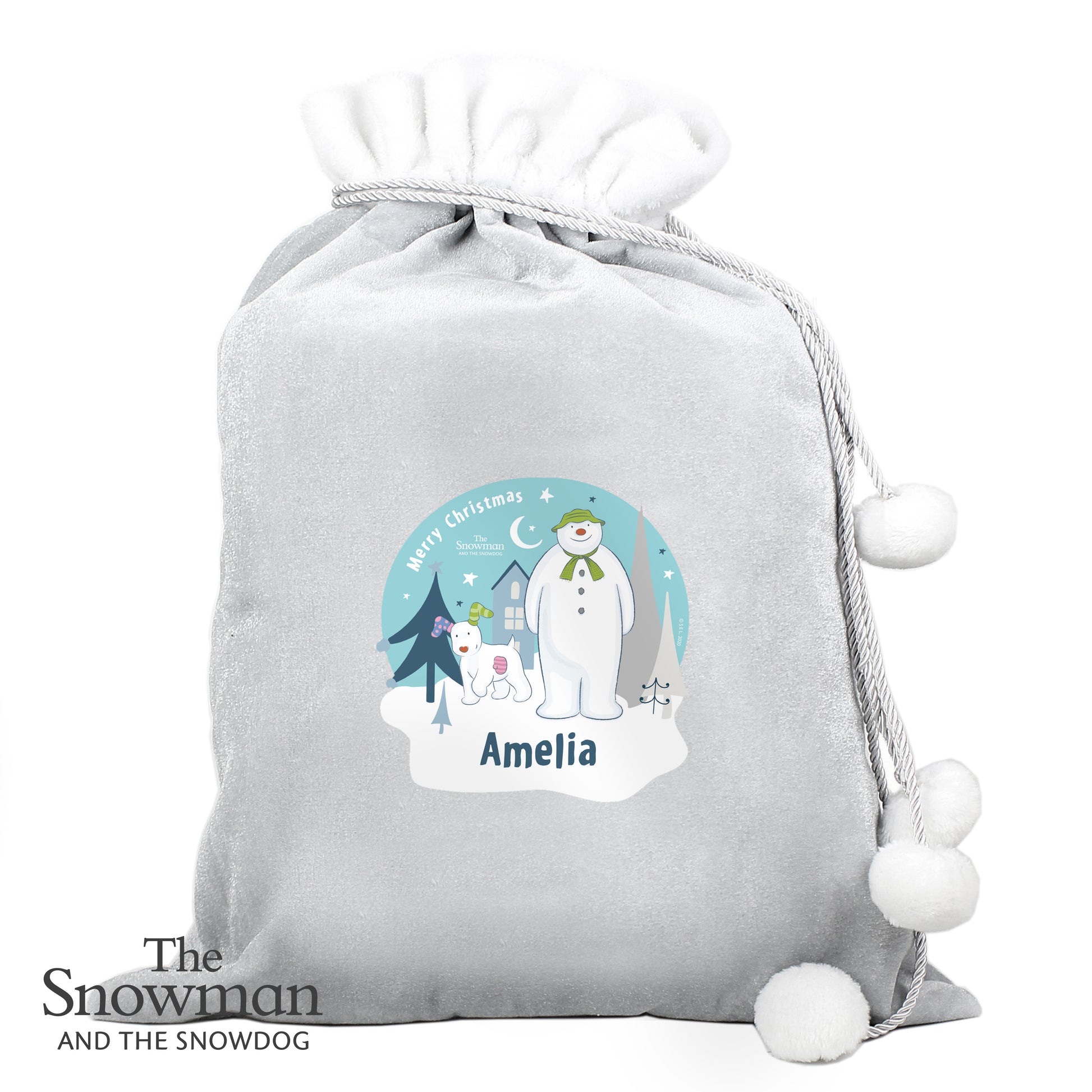 Personalised The Snowman and the Snowdog Luxury Silver Grey Pom Pom Sack - MK&JD Gifts