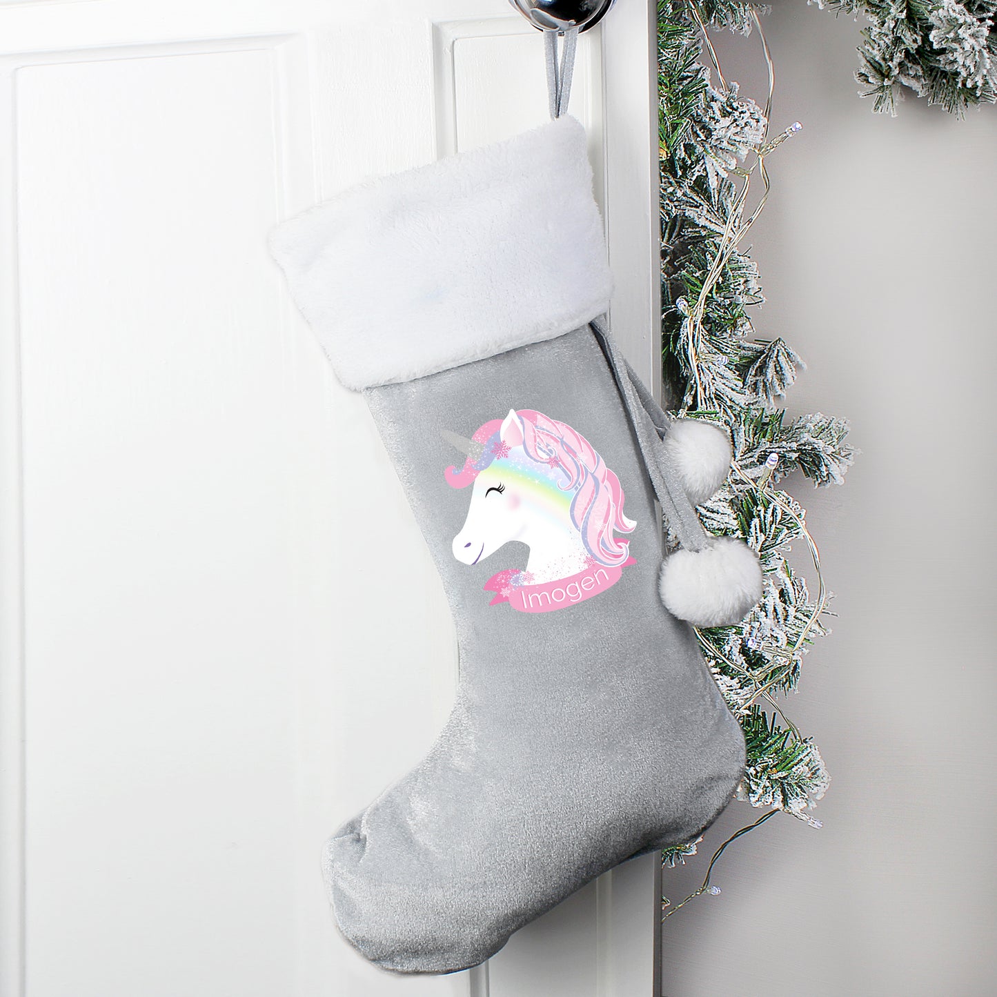Personalised Christmas Unicorn Luxury Silver Grey Stocking - MK&JD Gifts