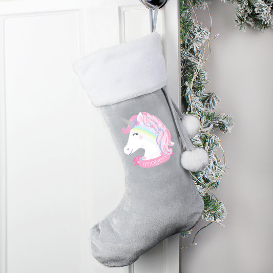 Personalised Christmas Unicorn Luxury Silver Grey Stocking - MK&JD Gifts