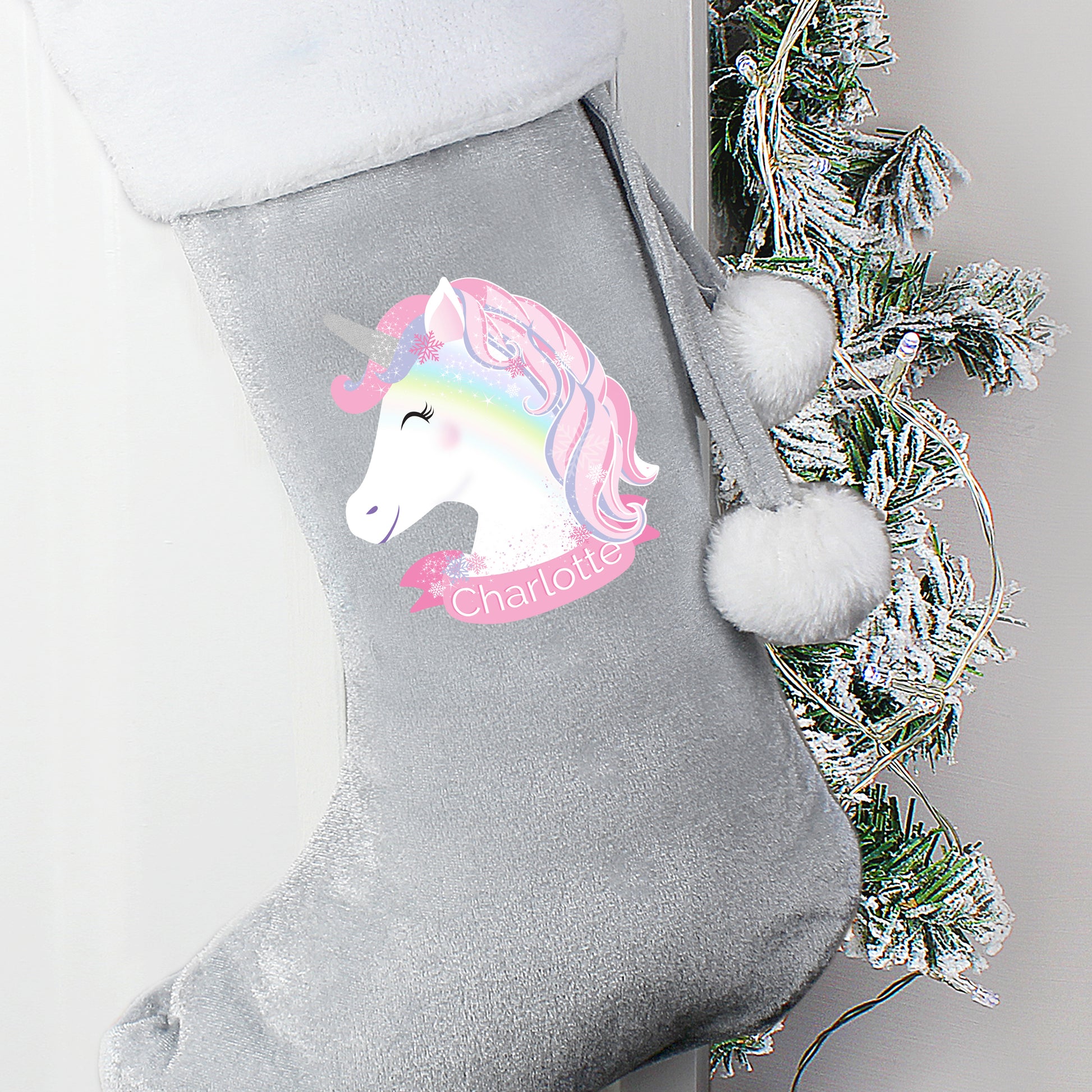 Personalised Christmas Unicorn Luxury Silver Grey Stocking - MK&JD Gifts