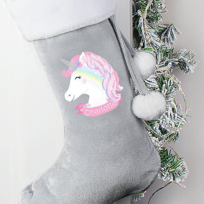 Personalised Christmas Unicorn Luxury Silver Grey Stocking - MK&JD Gifts