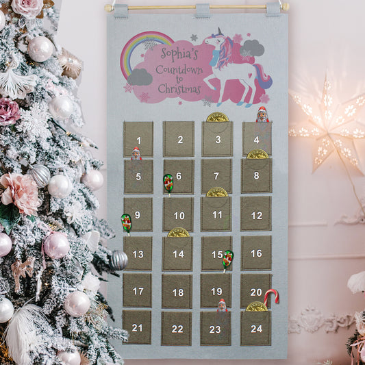 Personalised Christmas Unicorn Advent Calendar In Silver Grey - MK&JD Gifts