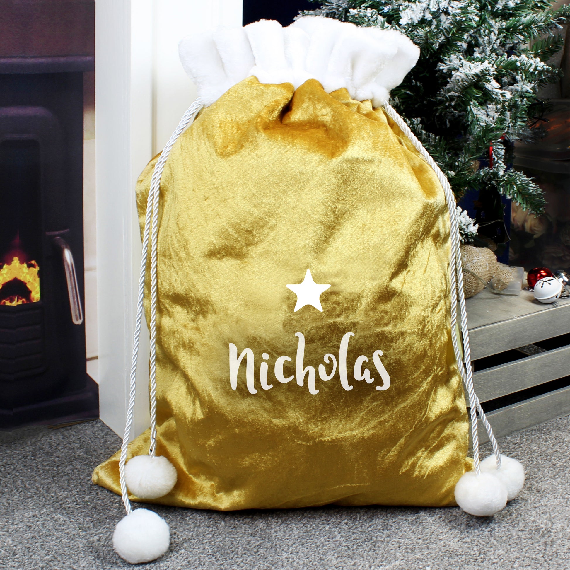 Personalised Name Only Gold Luxury Pom Pom Sack - MK&JD Gifts