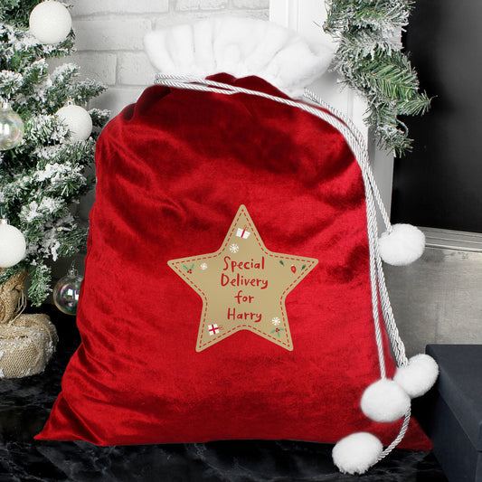 Personalised Free Text Star Luxury Pom Pom Red Sack - MK&JD Gifts