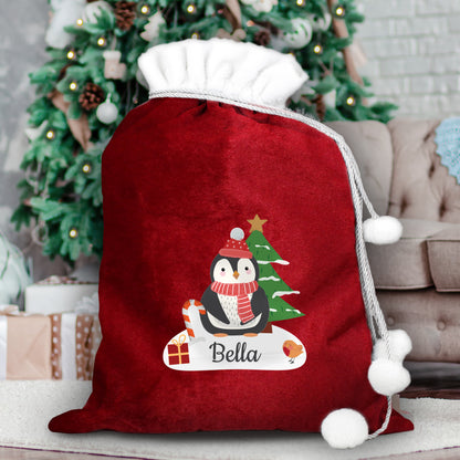 Personalised Christmas Penguin Luxury Pom Pom Red Sack - MK&JD Gifts