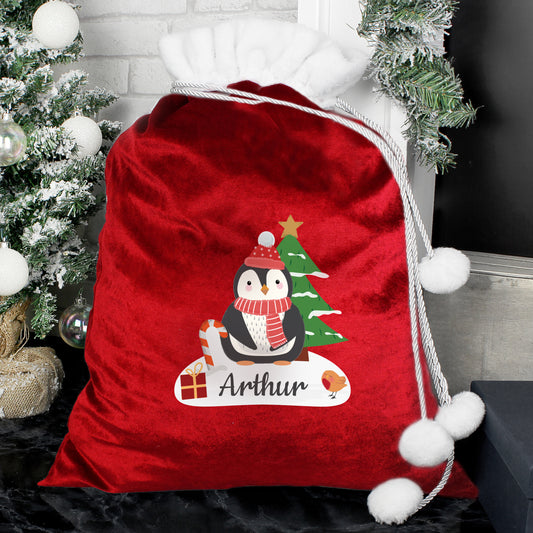 Personalised Christmas Penguin Luxury Pom Pom Red Sack - MK&JD Gifts