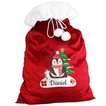 Personalised Christmas Penguin Luxury Pom Pom Red Sack - MK&JD Gifts