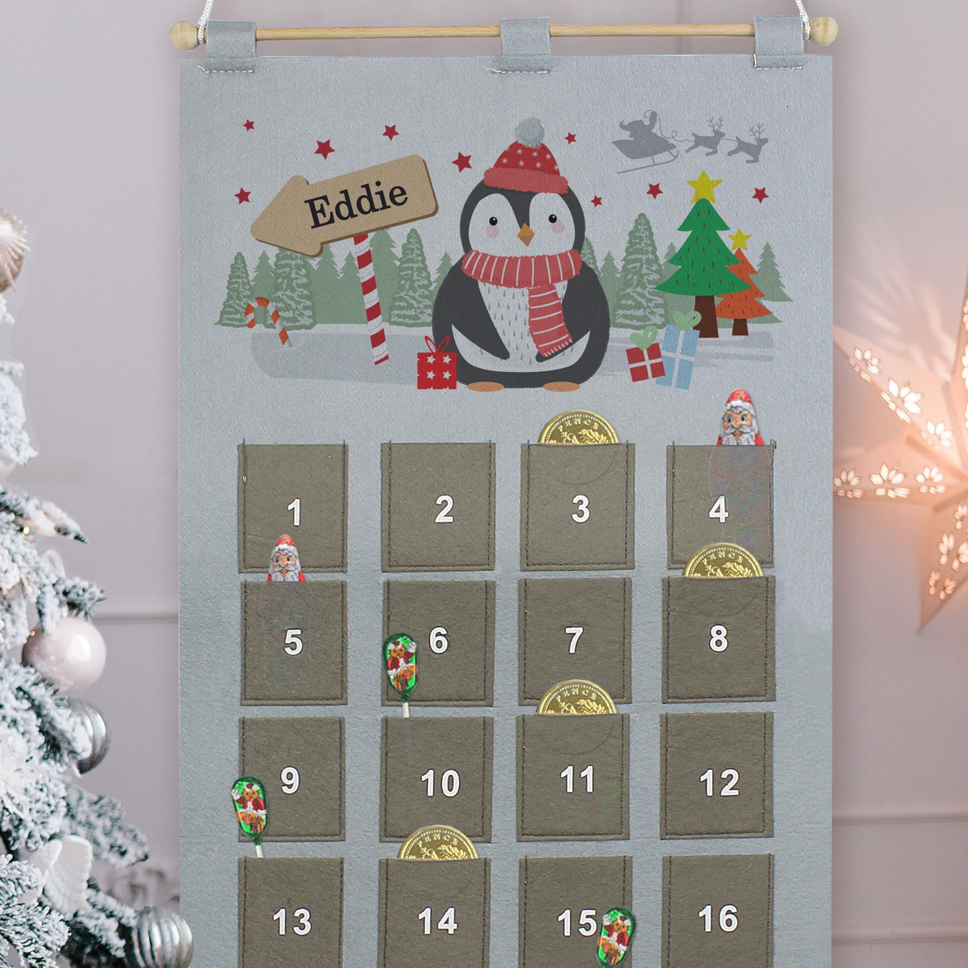 Personalised Christmas Penguin Advent Calendar In Silver Grey - MK&JD Gifts