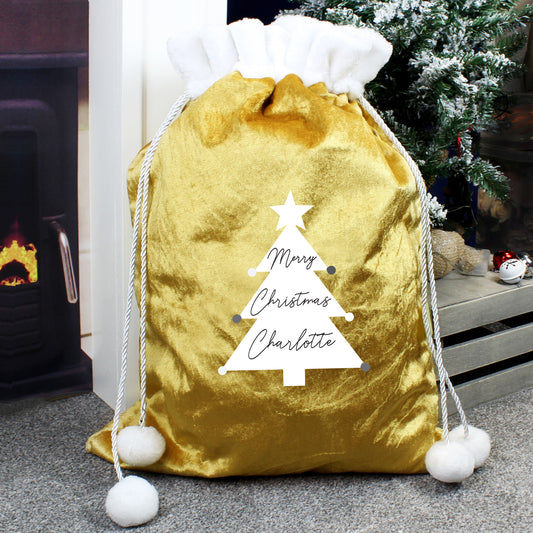 Personalised Christmas Tree Luxury Pom Pom Gold Sack - MK&JD Gifts