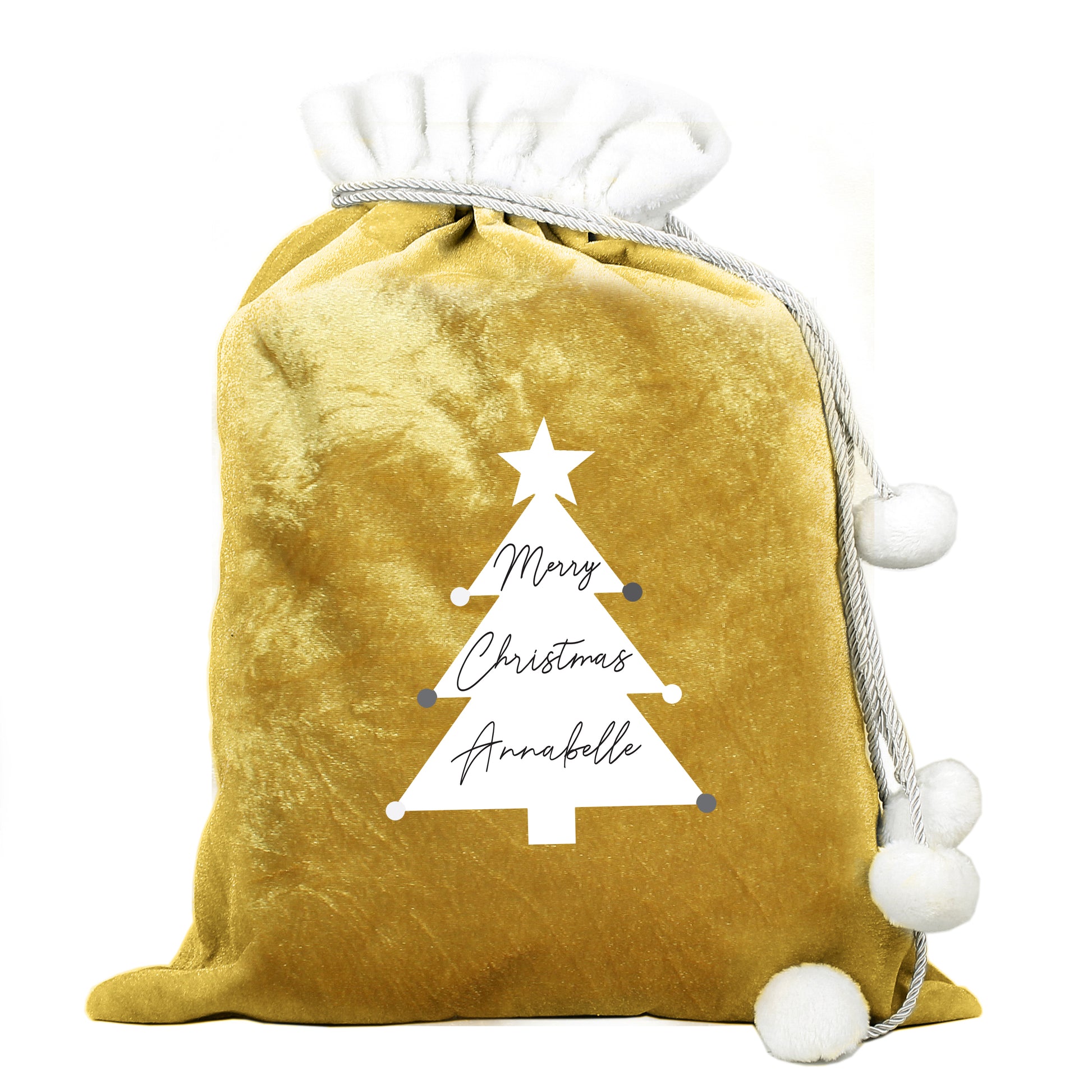 Personalised Christmas Tree Luxury Pom Pom Gold Sack - MK&JD Gifts