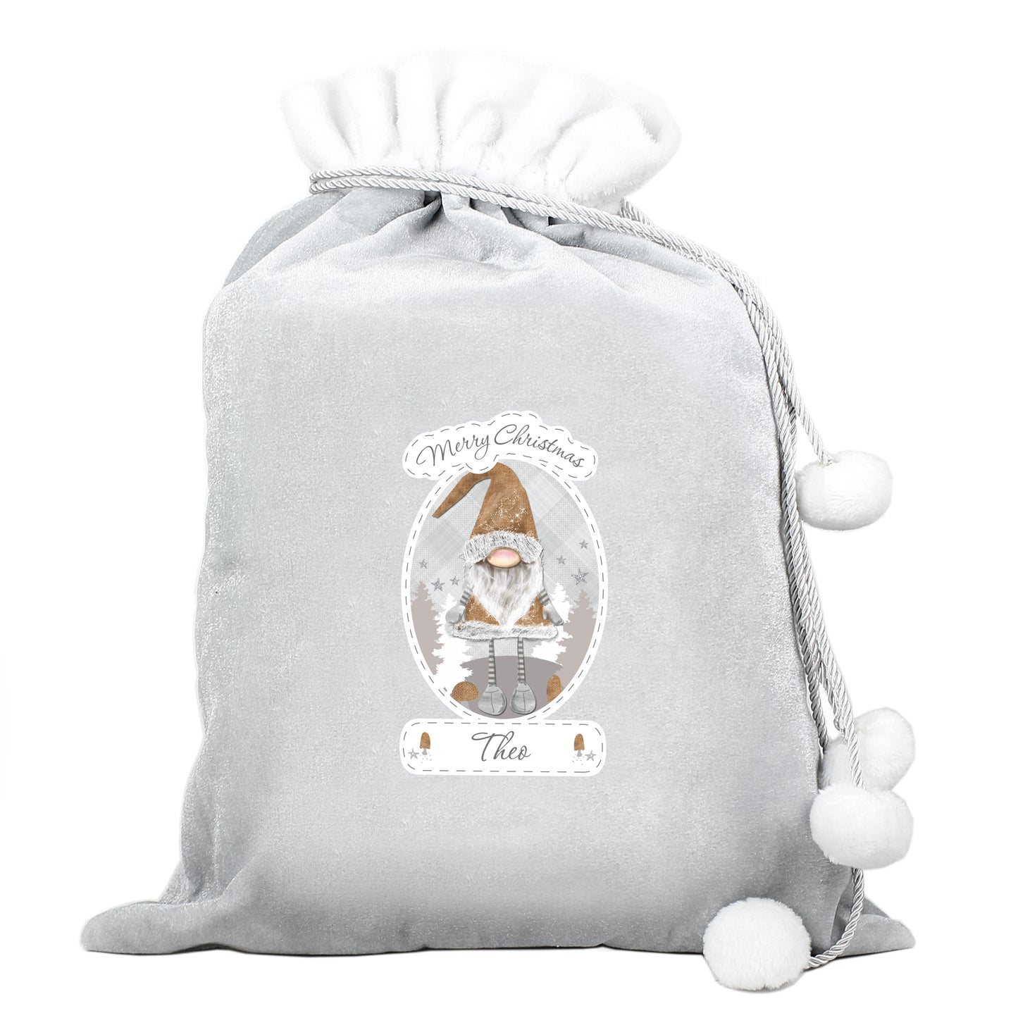 Personalised Christmas Gonk Luxury Silver Grey Pom Pom Sack - MK&JD Gifts