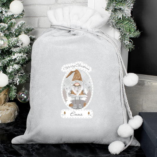 Personalised Christmas Gonk Luxury Silver Grey Pom Pom Sack - MK&JD Gifts