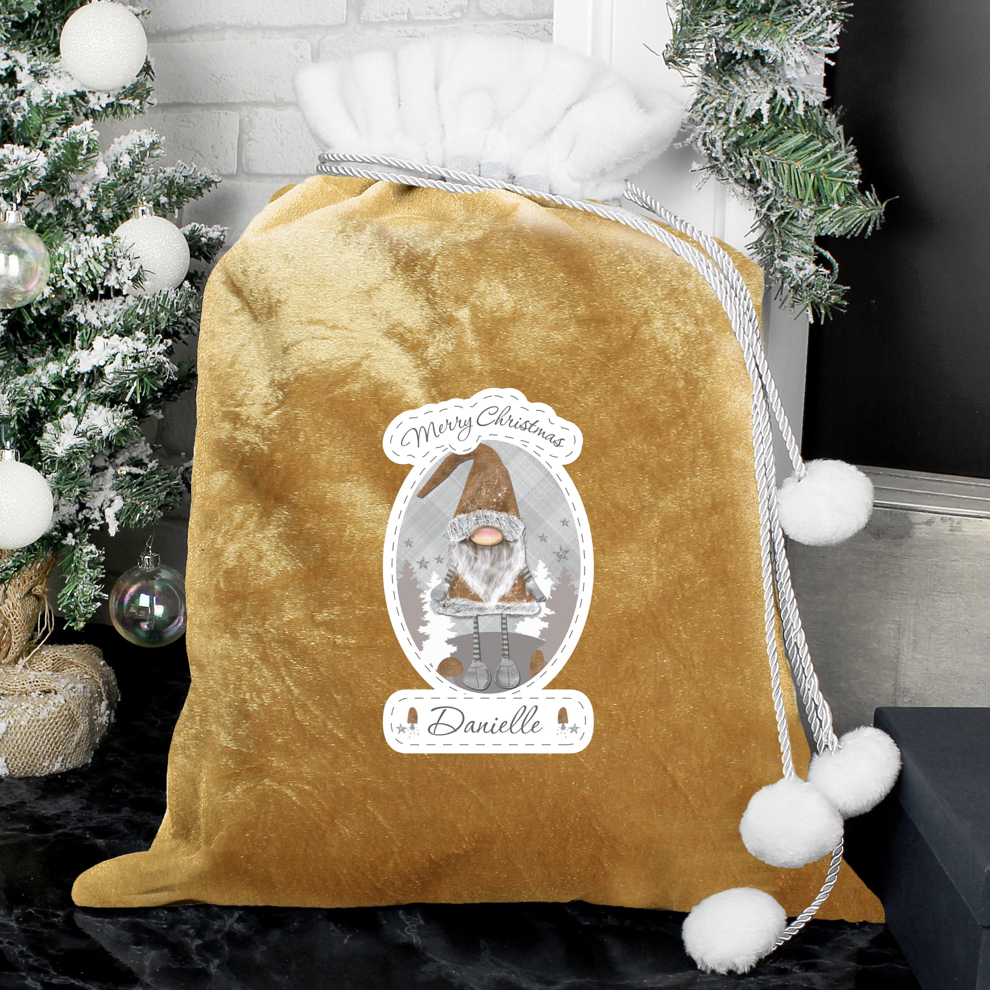 Personalised Gonk Luxury Pom Pom Gold Sack - MK&JD Gifts