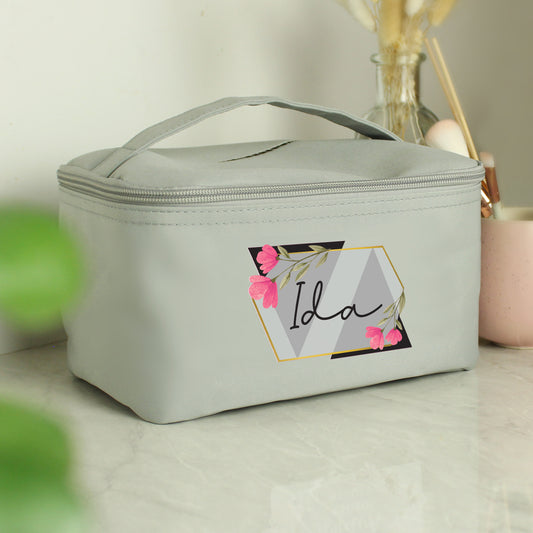 Personalised Geometric Floral Grey Toiletry Bag - MK&JD Gifts