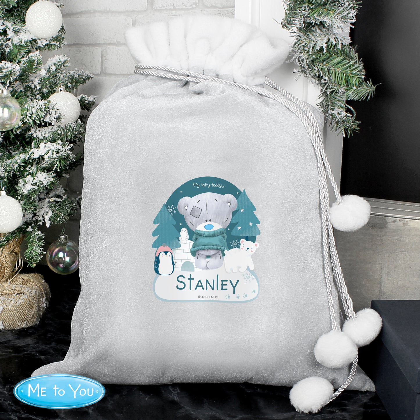 Personalised Winter Explorer Tiny Tatty Teddy Luxury Silver Grey Pom Pom Sack - MK&JD Gifts
