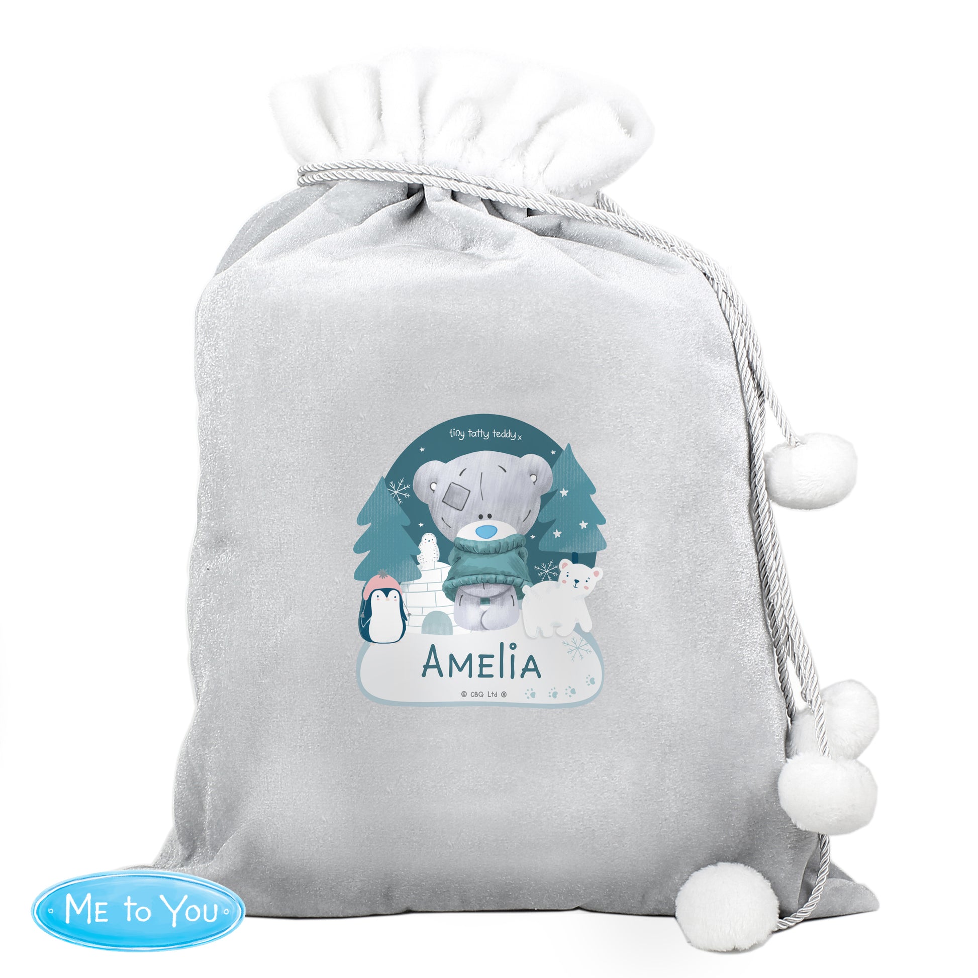 Personalised Winter Explorer Tiny Tatty Teddy Luxury Silver Grey Pom Pom Sack - MK&JD Gifts