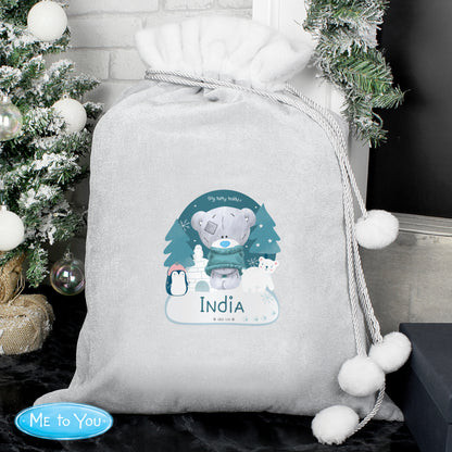 Personalised Winter Explorer Tiny Tatty Teddy Luxury Silver Grey Pom Pom Sack - MK&JD Gifts
