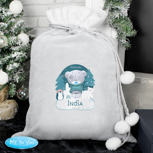 Personalised Winter Explorer Tiny Tatty Teddy Luxury Silver Grey Pom Pom Sack - MK&JD Gifts
