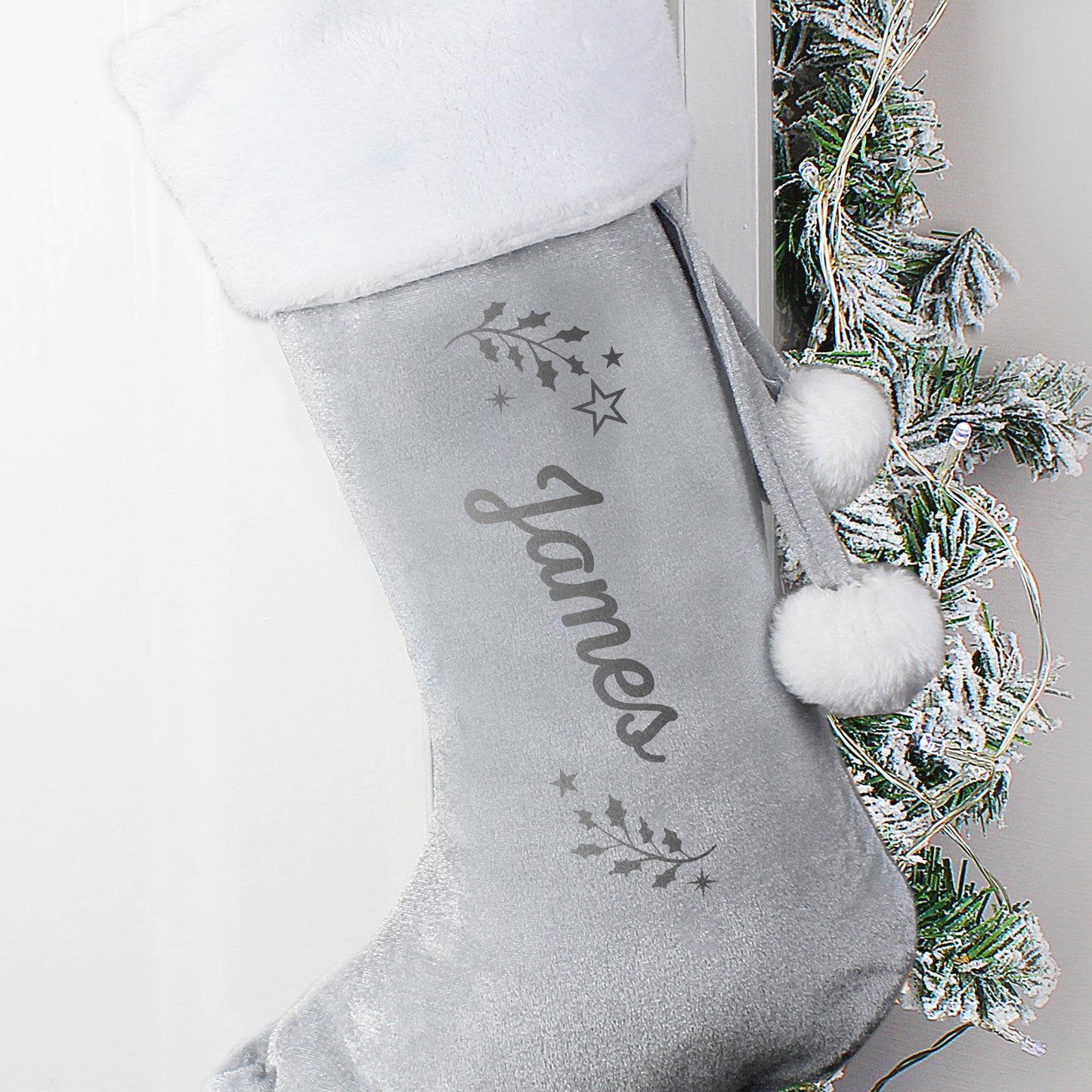 Personalised Holly Grey Christmas Stocking - MK&JD Gifts