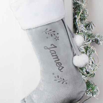 Personalised Holly Grey Christmas Stocking - MK&JD Gifts