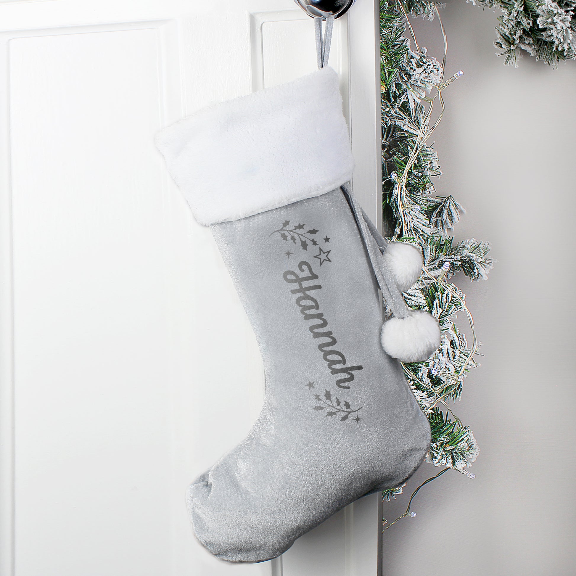 Personalised Holly Grey Christmas Stocking - MK&JD Gifts