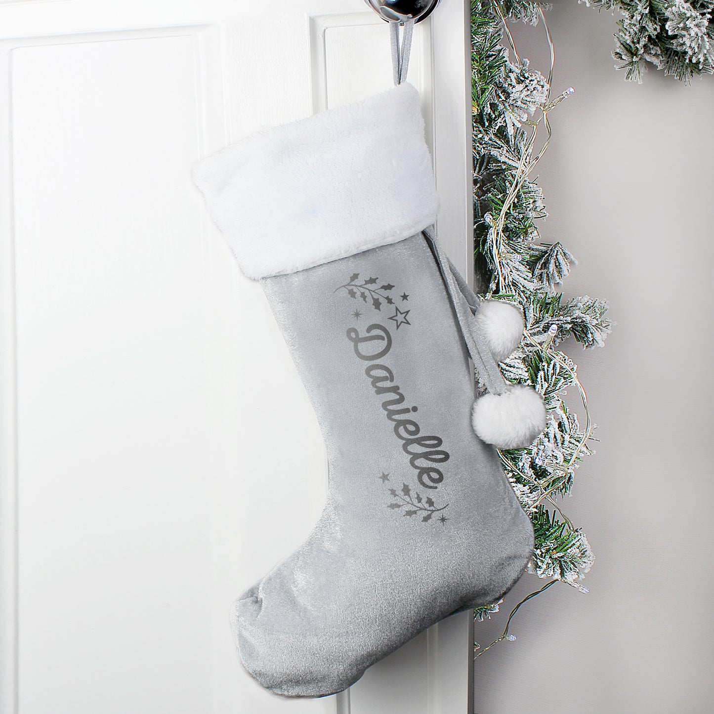 Personalised Holly Grey Christmas Stocking - MK&JD Gifts