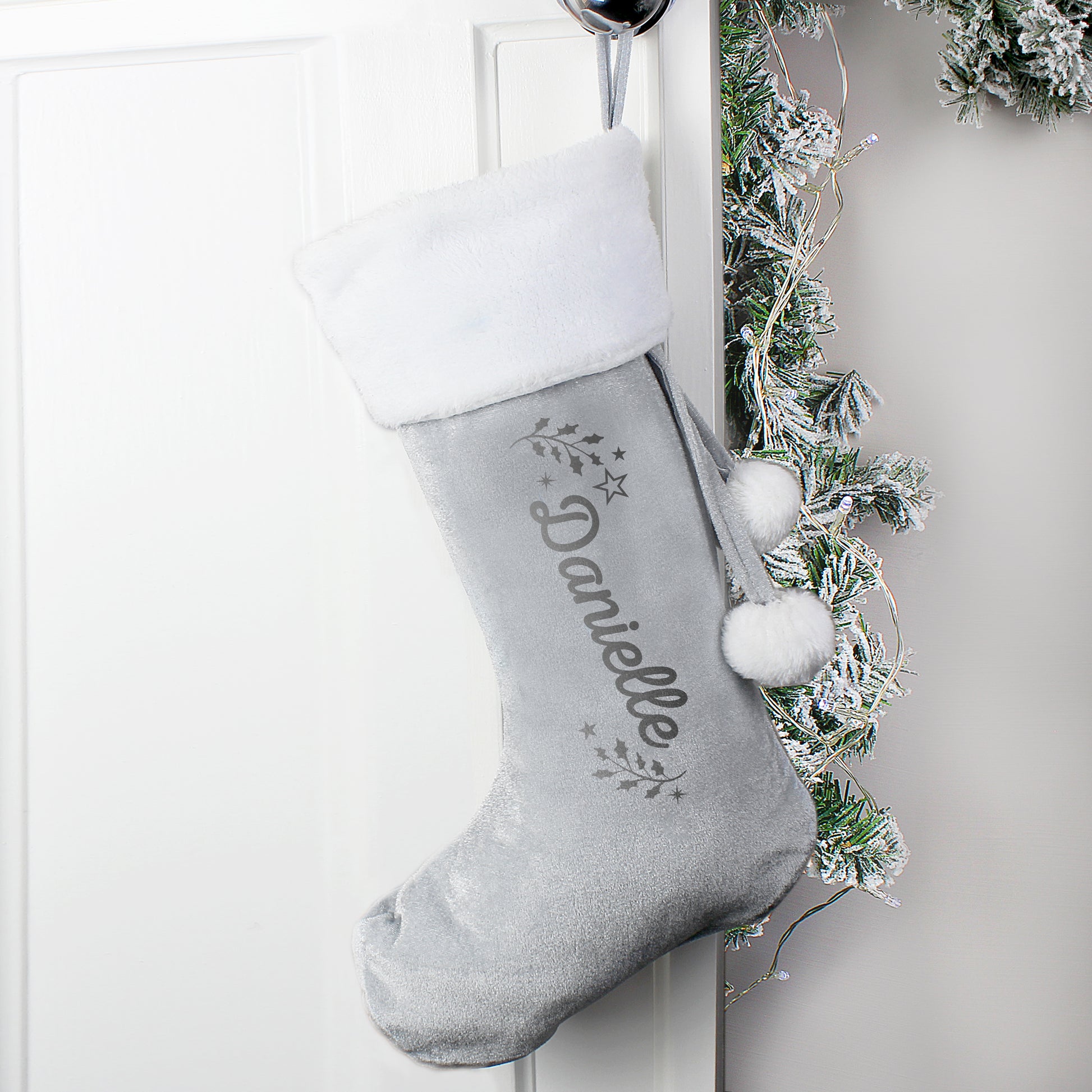 Personalised Holly Grey Christmas Stocking - MK&JD Gifts