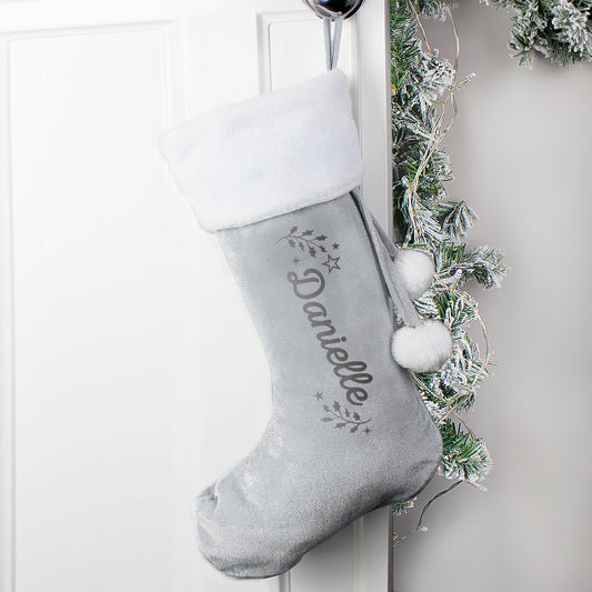 Personalised Holly Grey Christmas Stocking - MK&JD Gifts