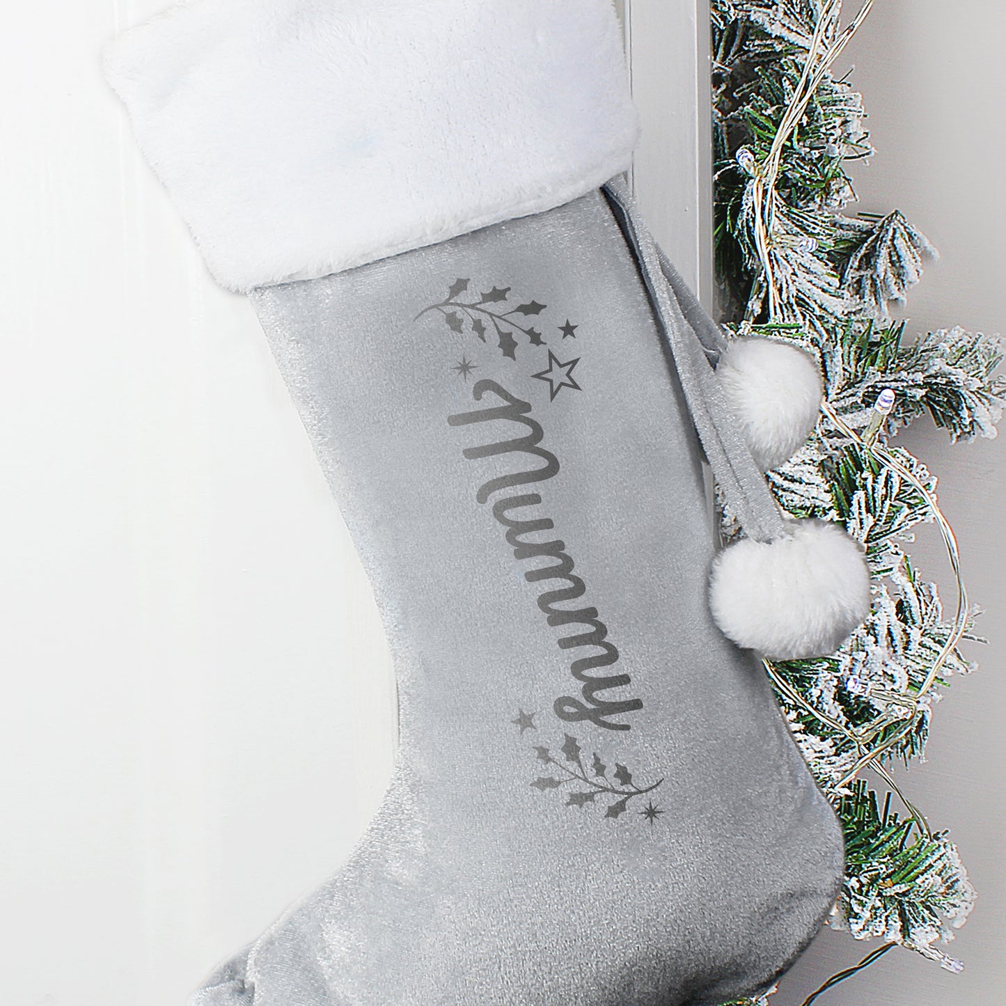 Personalised Holly Grey Christmas Stocking - MK&JD Gifts