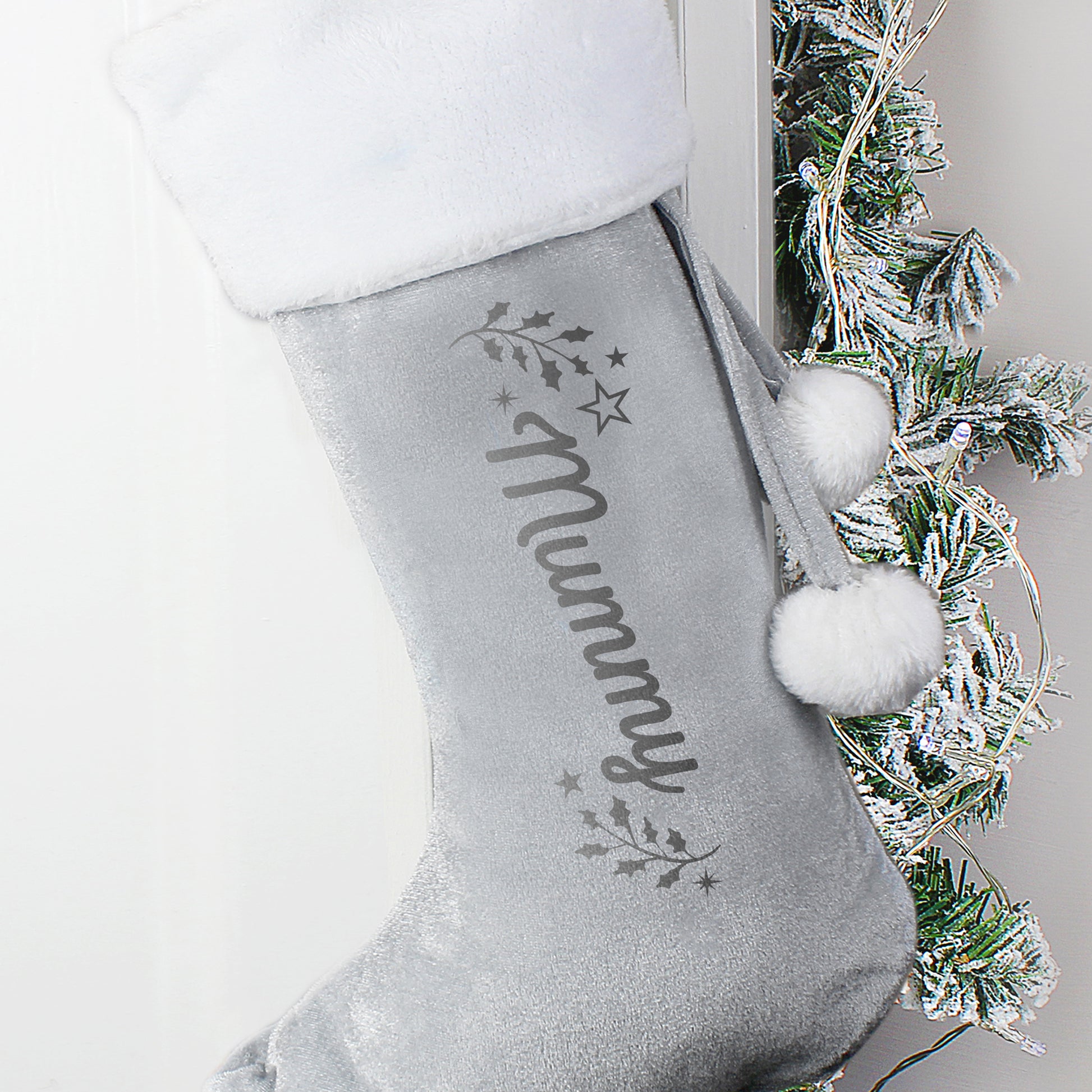 Personalised Holly Grey Christmas Stocking - MK&JD Gifts