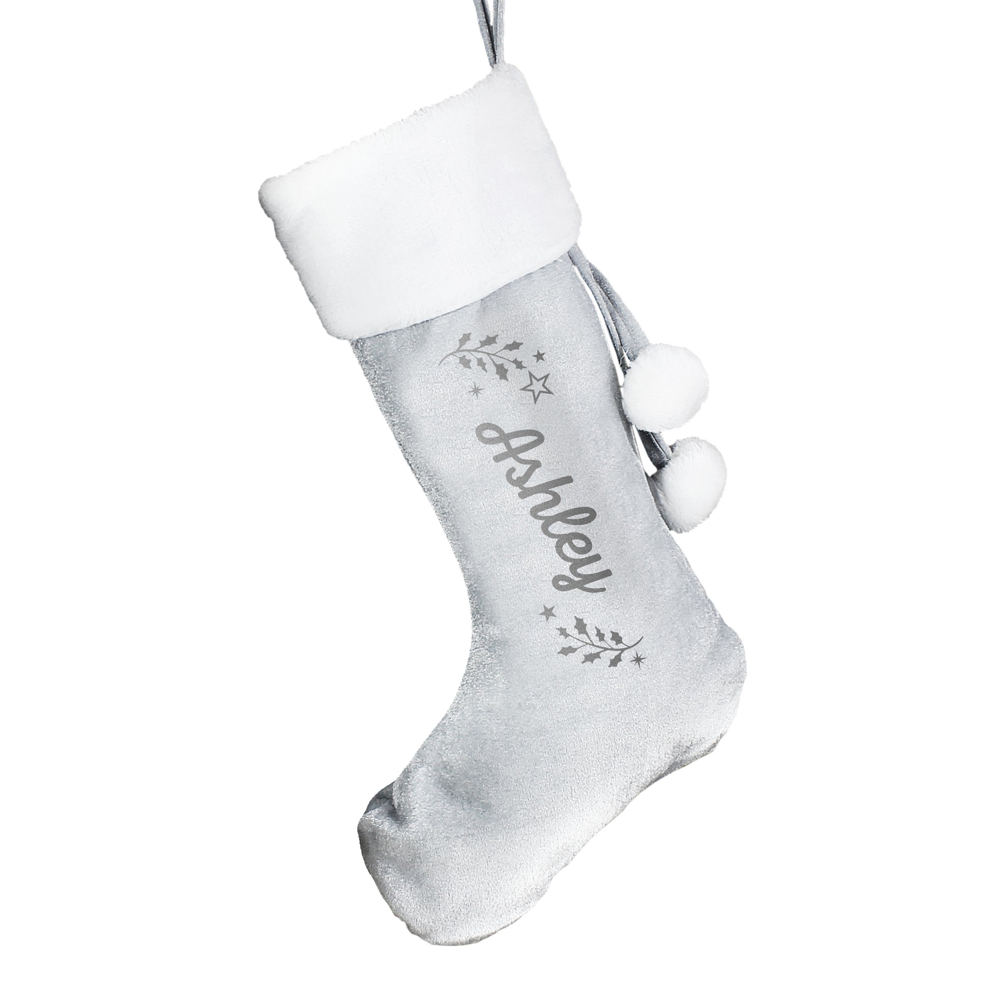 Personalised Holly Grey Christmas Stocking - MK&JD Gifts